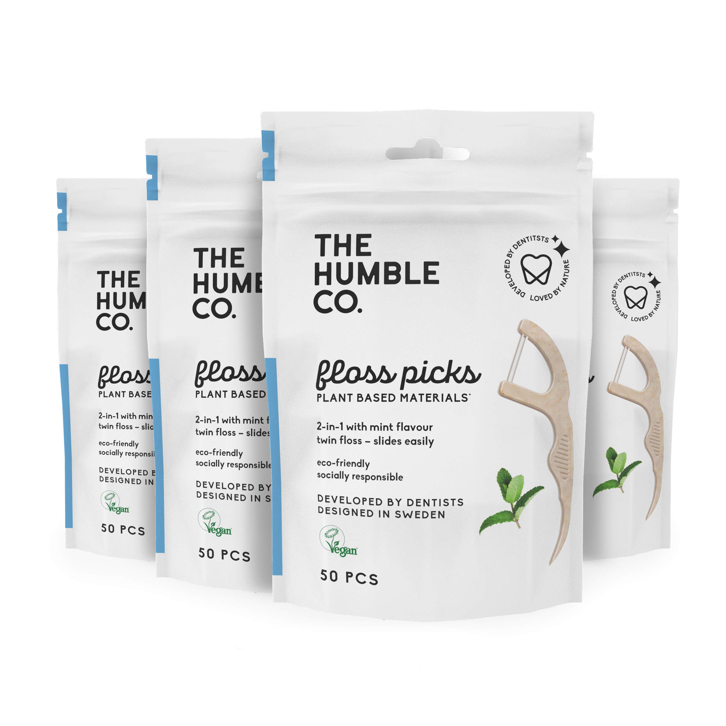 The Humble Co. Plant Based Floss Picks | Fresh Mint | Eco-Friendly, Vegan for Your Everyday Oral Care - Dentist Approved - Removes Plaque and Gives a Fresh Feel (4 x 50p)