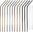 12+2 Pcs Reusable Stainless Steel Straws, Metal Straws, 4 Colors Gold, Silver, Rose Gold & Black - 20 oz and 30 oz Tumblers Straws (Bent)