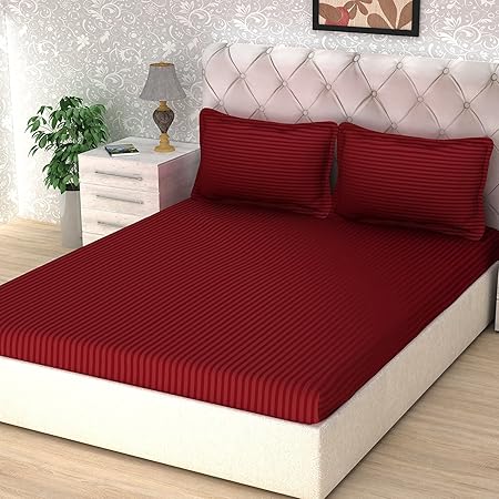 Reliable Trends 300 TC Plain Stripe Cotton King Size Elastic Fitted Bedsheet(230x250cm, Multicolour)