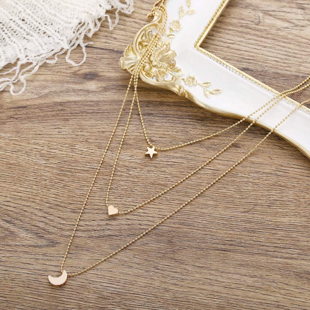 Ceqiny Multi-layer Choker Necklace Star Heart Moon Necklace Pendant Adjustable Chain Necklace Long Chain Tassels 3-Layer Charm Pendant Choker Friendship Necklace Gift for Women Girls, Gold: Clothing