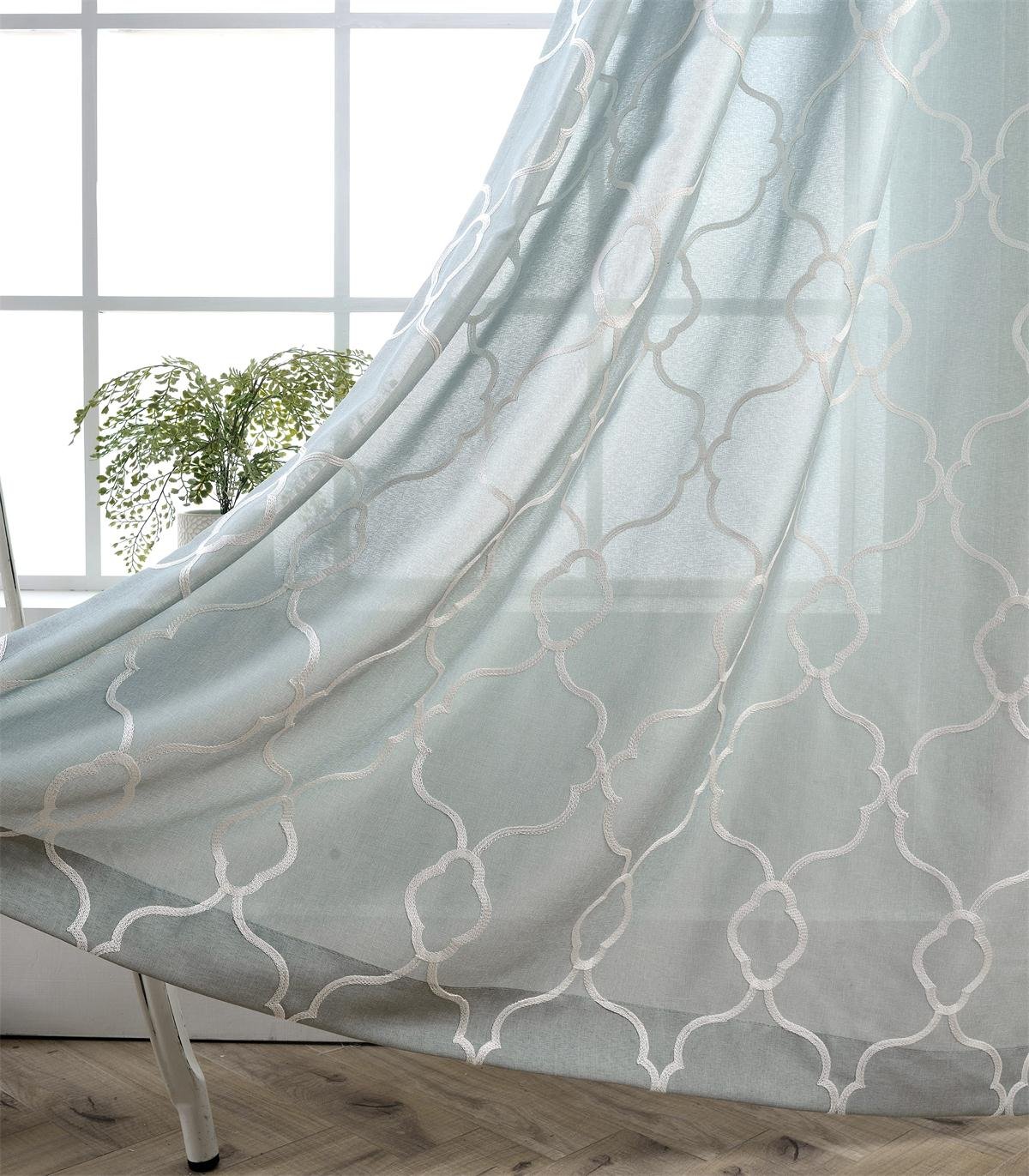 MIUCO Moroccan Embroidery Semi Sheer Curtains Faux Linen Grommet Curtains for Living Room 52 x 84 Inch 2 Panels Set, Sea Foam