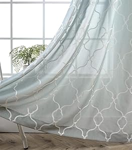 MIUCO Moroccan Embroidery Semi Sheer Curtains Faux Linen Grommet Curtains for Living Room 52 x 84 Inch 2 Panels Set, Sea Foam
