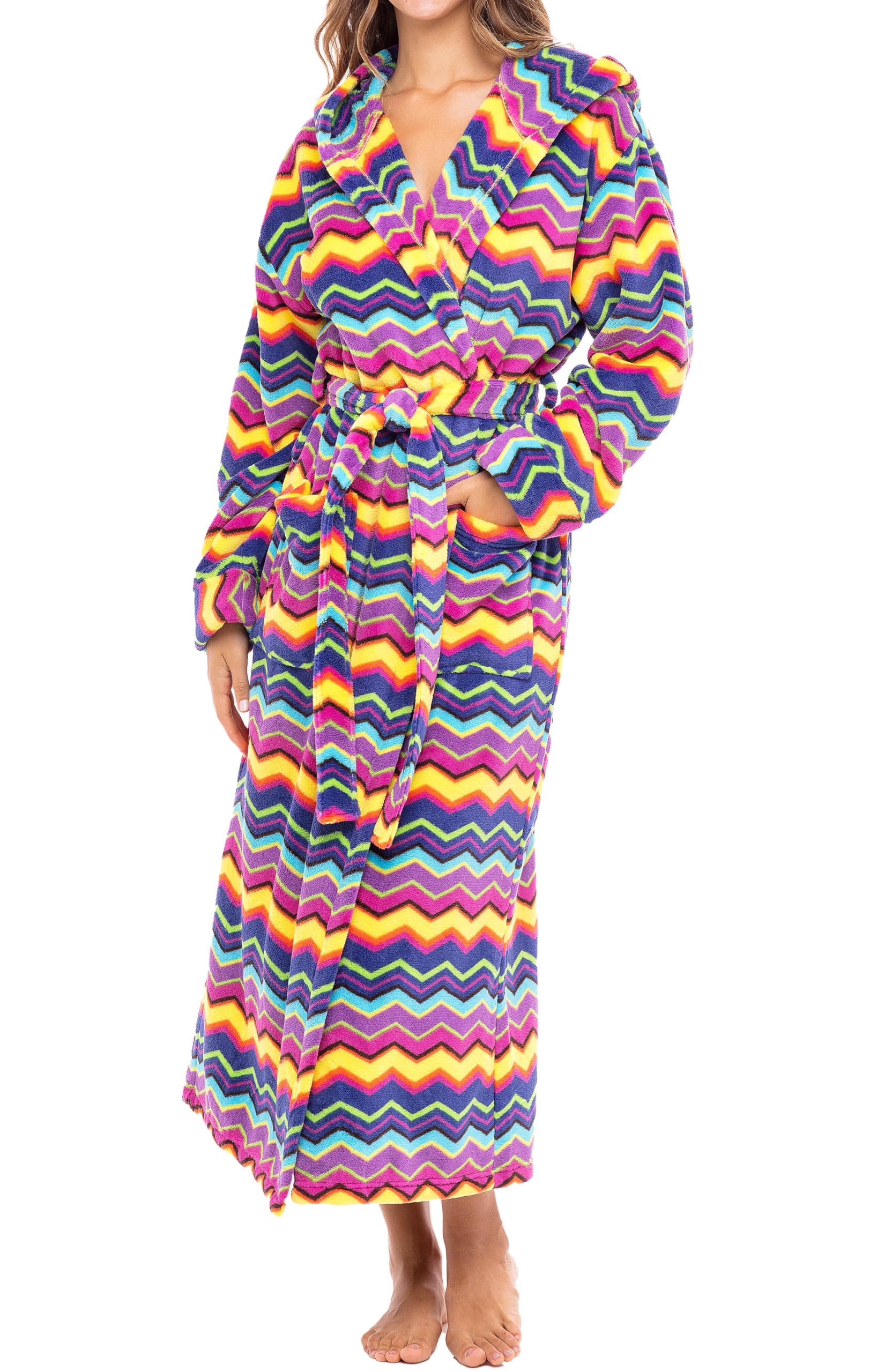 Alexander Del Rossa Womens Robe, Long Plush Bathrobe with Hood, Hooded Robes for Women Plus Size Bath Robe, Psychedelic Chevron Fusion, Large Image