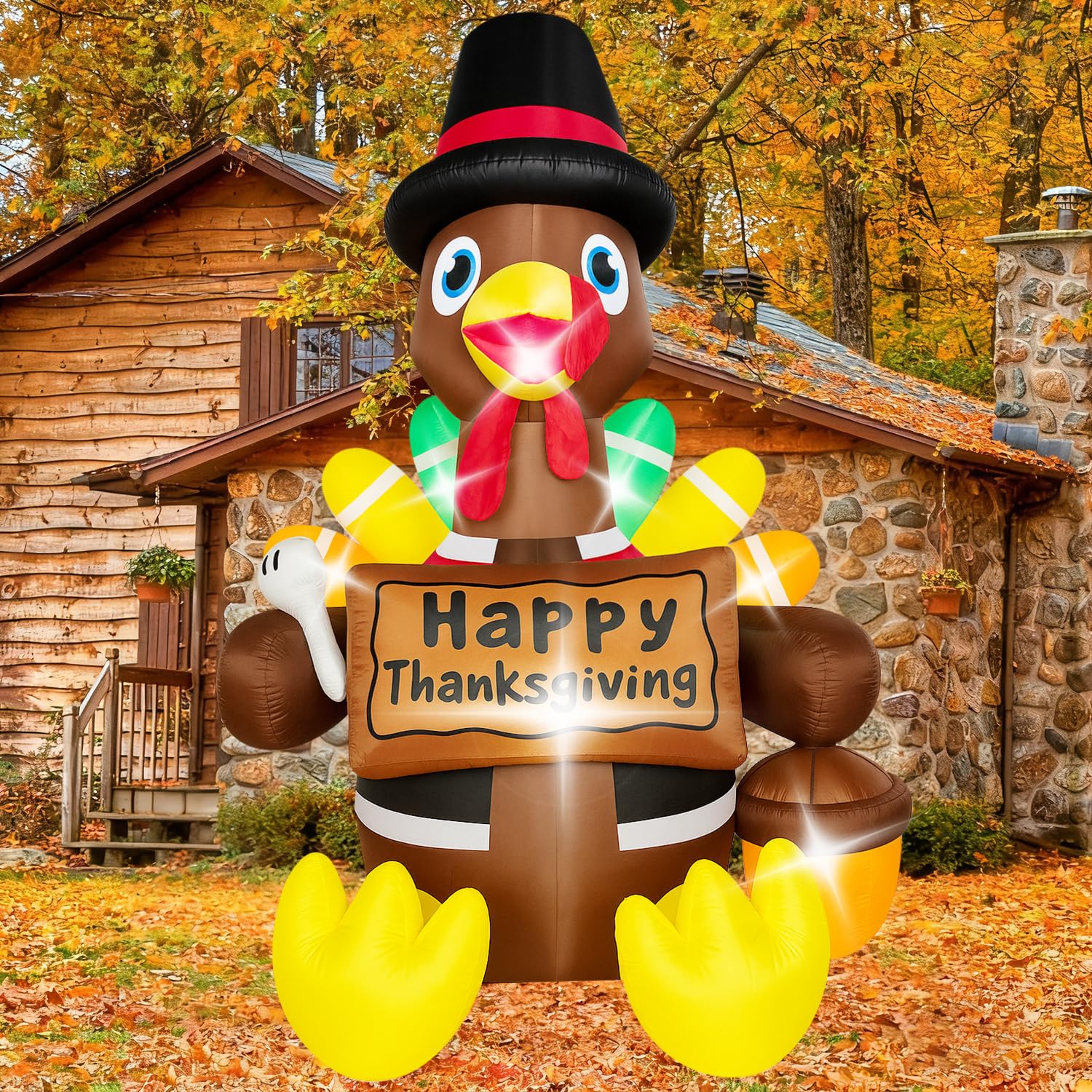 Photo 1 of ***(USED/ UNABLE TO TEST)***Thanksgiving Inflatables Turkey Outdoor Decorations 6FT Fall Inflatable Turkey with Built-in LED Lights with Colorful Tail Blow up Outdoor Lawn Yard Decoration