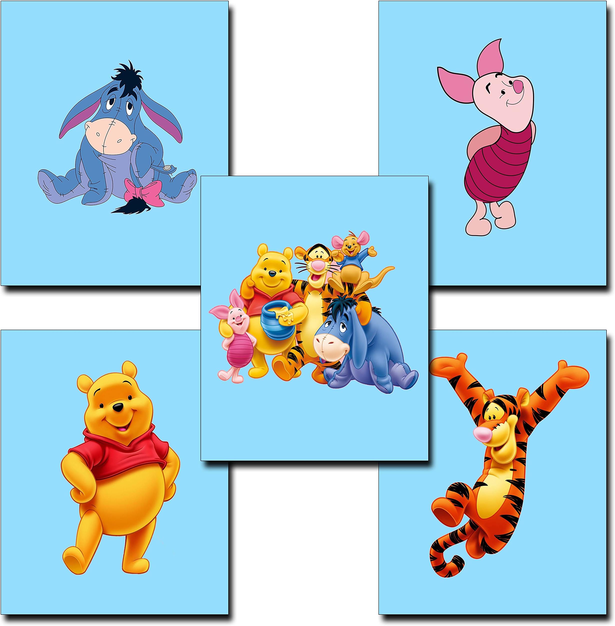 5 Pack of Winnie The Pooh Nursery Decor Prints (Blue 8 inches by 10 inches)