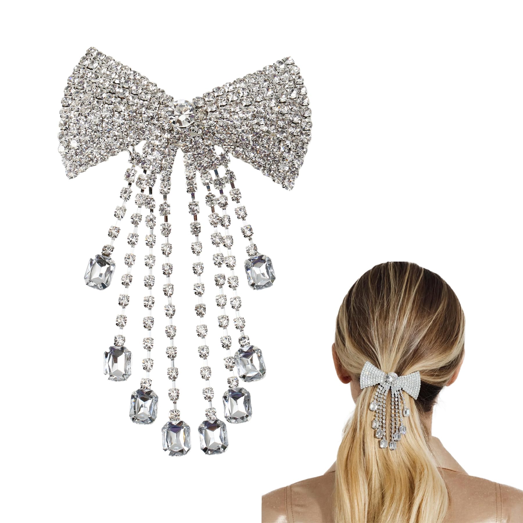 Umimiss Diamante Hair Clips - Sparkly Silver Rhinestone Bow Accessories with Crystal Tassel Water Drop Jewelry for Women Girls - Perfect for Evening Party Wedding