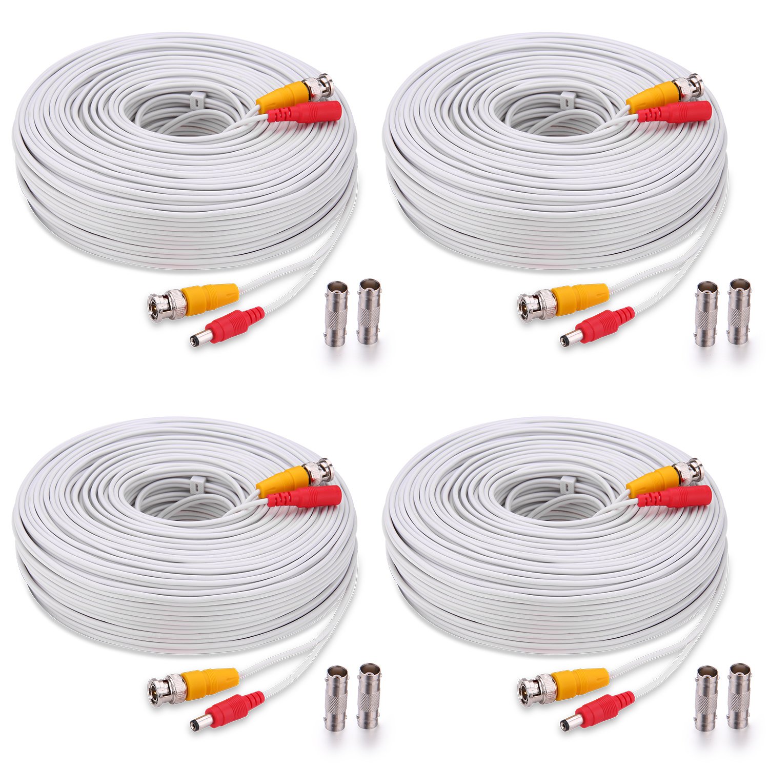 BNC Cable, 4x150ft All-in-One Siamese Video and Power Security Camera Wire, CCTV Cable with 2 Female Connectors for All Max 5MP HD CCTV DVR Surveillance System (White)