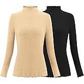 Herou 2 Pack Women Lettuce Trim Ribbed Knit Long Sleeve Top Mock Neck Basic Layer Tops Turtleneck Thermal Underwear Tops