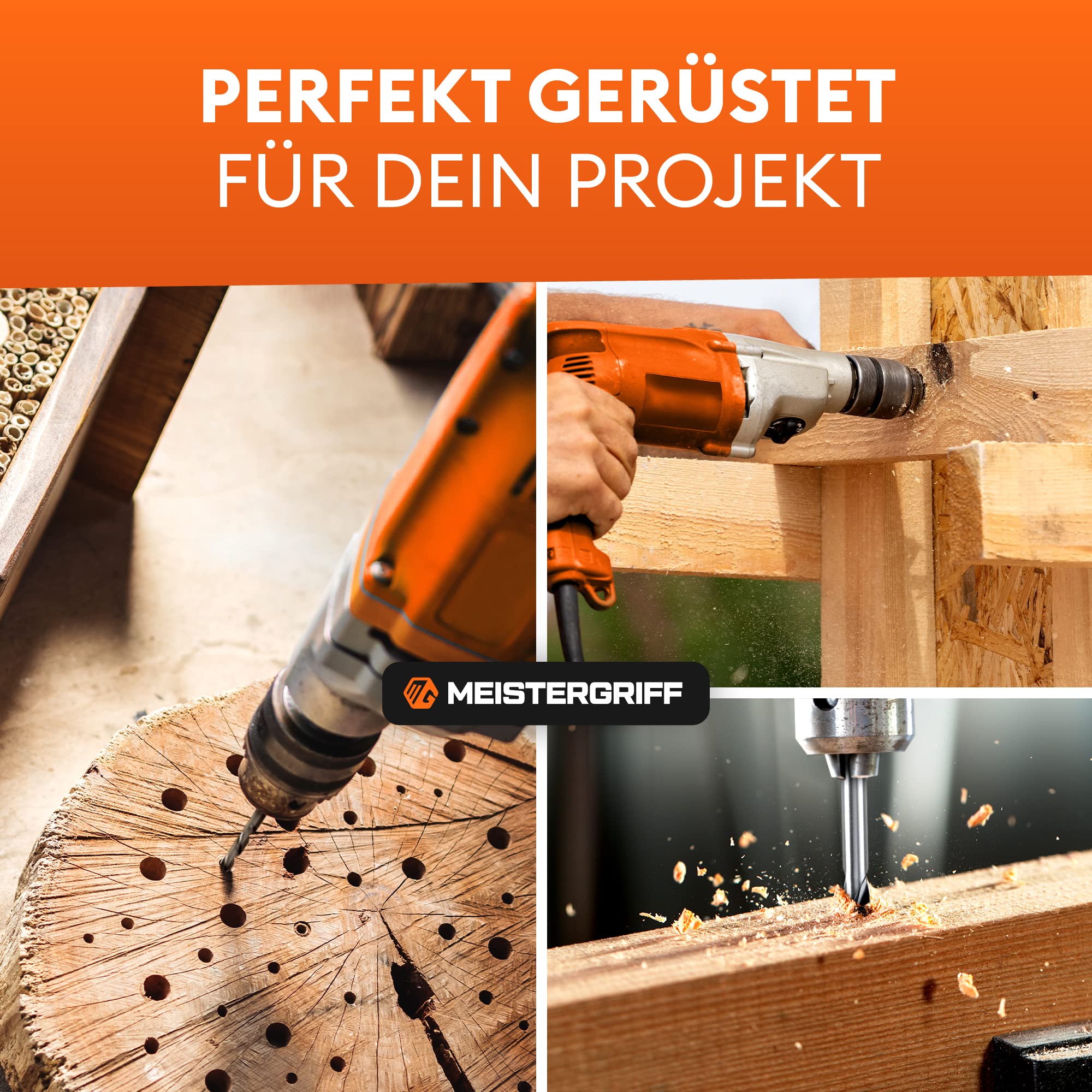 MEISTERGRIFF® Holzbohrer Set lang [7 Stück] - Extra scharfe Bohrer - Stabiles & bruchfestes Schlangenbohrer - Ø 4, 5, 6, 7, 8, 10, 12 mm 7