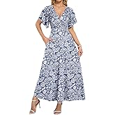 AUSELILY Maxi Dresses Women 2026 Summer Wrap Long Flowy Dress Ruffle Sleeve Deep V Neck Formal Dress with Pockets