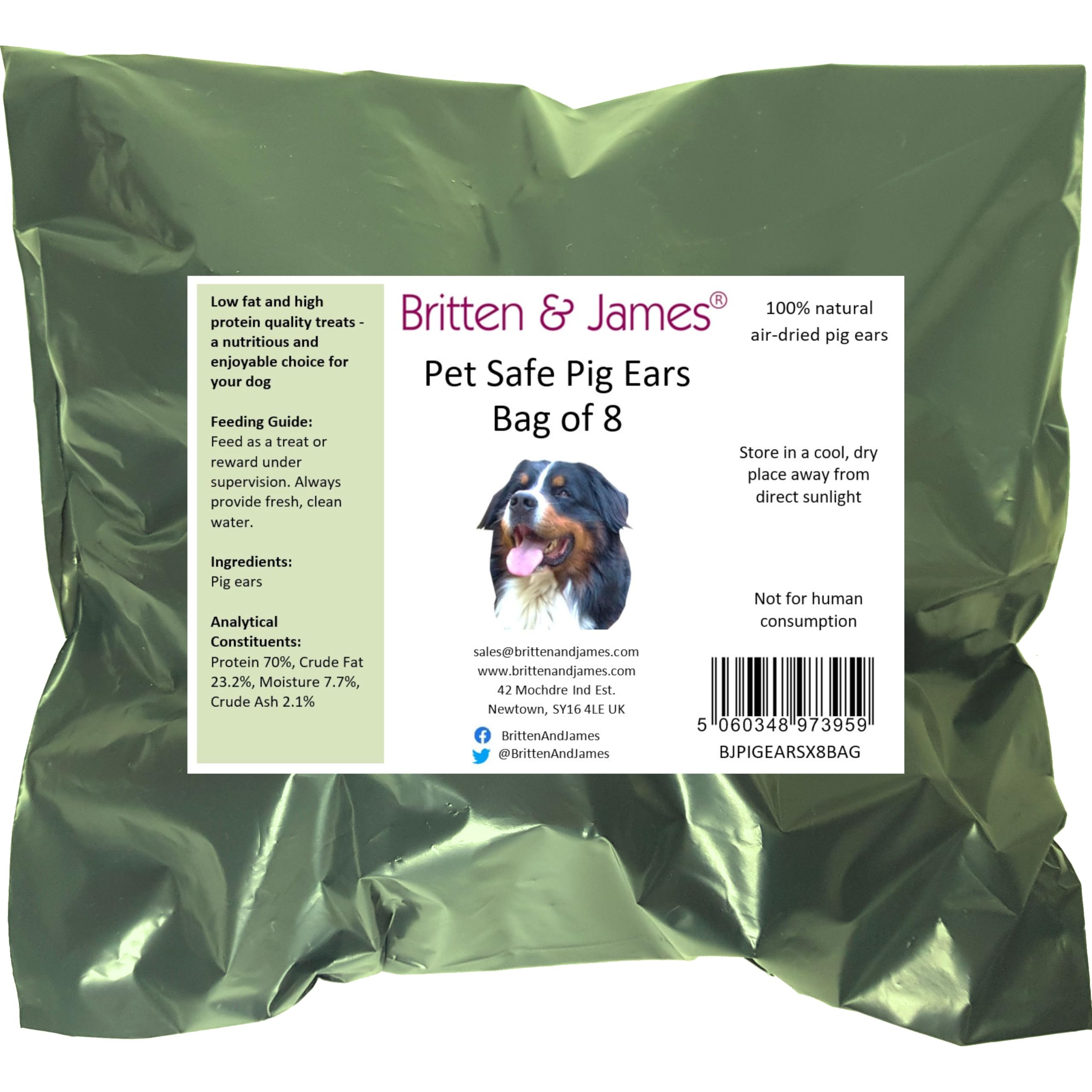 8 Large Pigs Ears for Dogs (Refill Bag). Natural Premium Quality British Product by Britten and James