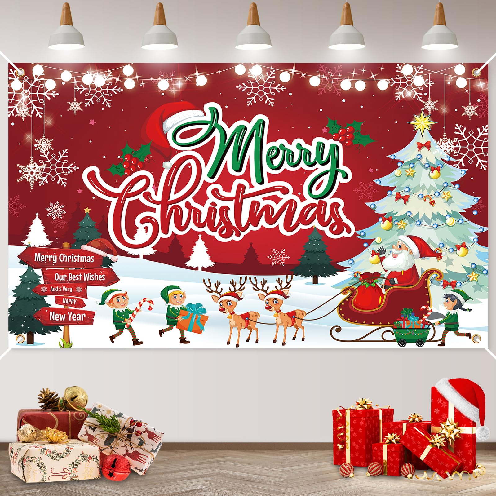 Red Santa Sleigh Reindeer Xmas Welcome Sign - Indoor/Outdoor Merry Christmas Banner