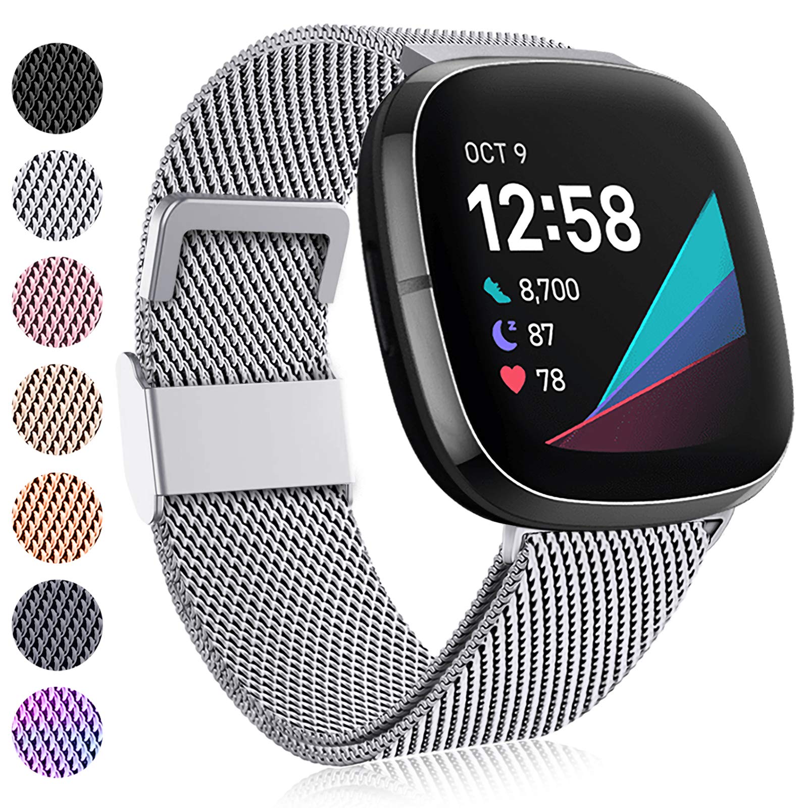 Faliogo Compatible with Fitbit Versa 3/4/Sense Strap, Adjustable Stainless Steel Metal Replacement Strap with Magnet Lock, Small Silver