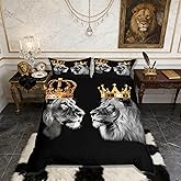 Lion Wild Animal Duvet Cover Set King Size,King and Queen Theme Golden Crown Comforter Cover with 2 Pillowcases,Tropical African Rustic Bedding Set for Adult Young Bedroom Xmas Gift (No Comforter)