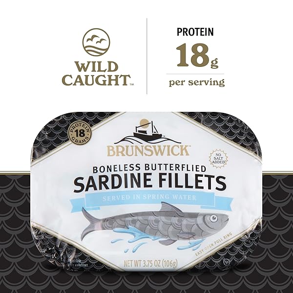 BRUNSWICK SARDINES IN SPRING WATER, 3.75 OZ CAN (PACK OF 12) – BONELESS BUTTERFLIED SARDINE FILLETS – WILD CAUGHT – 18G PROTEIN PER SERVING – GLUTEN FREE, KETO FRIENDLY