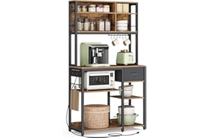 VASAGLE Bakers Rack with Charging Station, Coffee Bar, 15.7 x 31.5 x 71 Inches, Kitchen Microwave Stand, Adjustable Storage Shelves, Fabric Drawer, 12 Hooks, Rustic Brown and Ink Black UKKS015K01