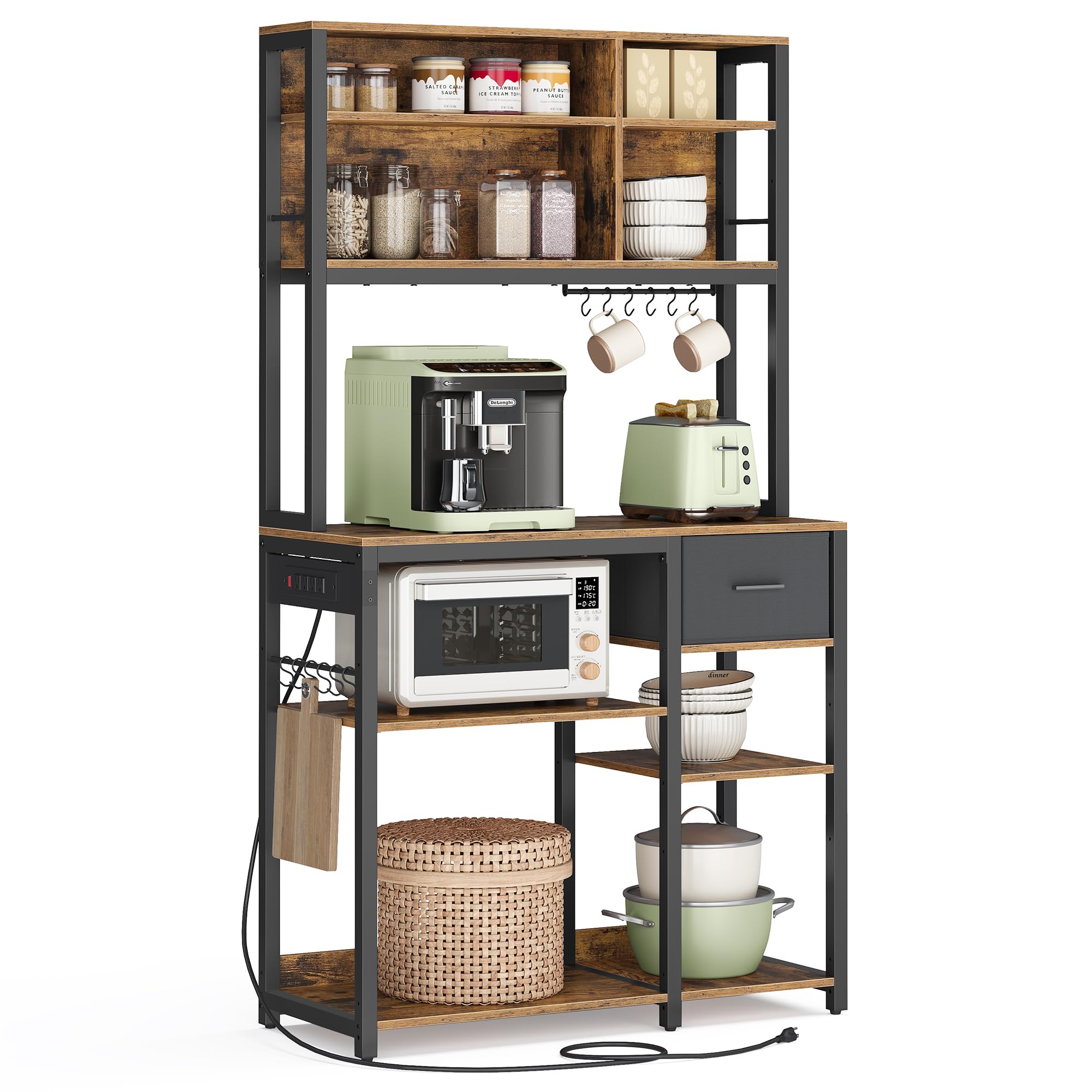 Photo 1 of ***minor damage****VASAGLE Bakers Rack with Charging Station, Coffee Bar with Adjustable Storage Shelves, Fabric Drawer, 12 Hooks, 15.7 x 31.5 x 71 Inches, Kitchen Microwave Stand, Rustic Brown and Ink Black UKKS015K01