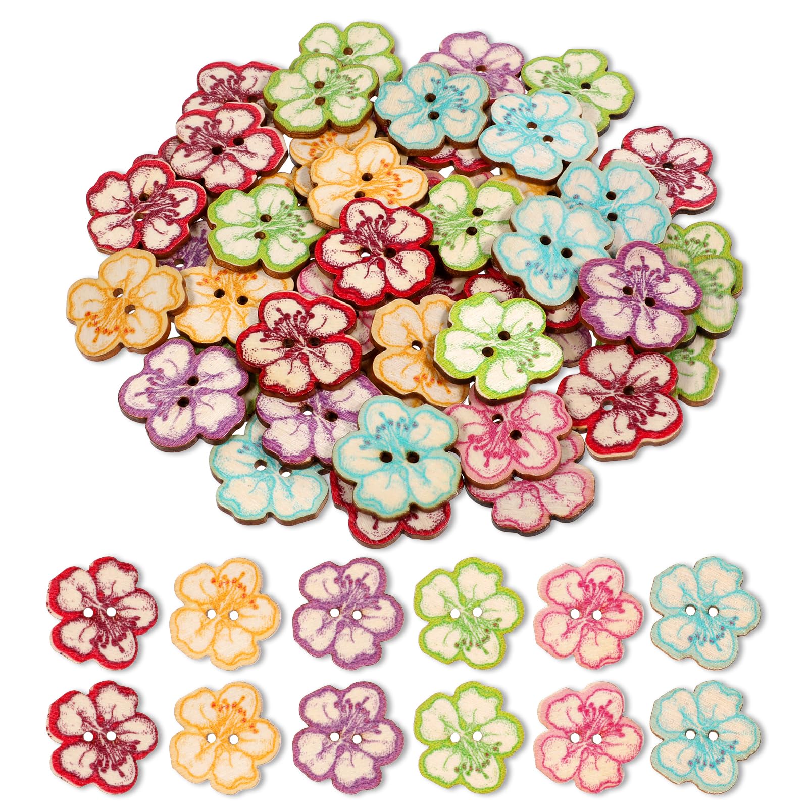 Photo 1 of 100 Pack Natural Wood Decorative Button, 2 Hole Retro Cute Little Tree Heart Flower Painted Button Retro Buttons Mixed Color Wooden Flower Buttons Decorative for DIY Sewing Craft Handmade Projects