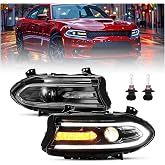 HECASA Projector LED Headlights Compatible with 2015-2023 Dodge Charger | Replacement for CH2503270 CH2503271 w/Bulbs Dual LED Tube Bar DRL Headlamps Clear Lens Black Housing Left &amp; Right