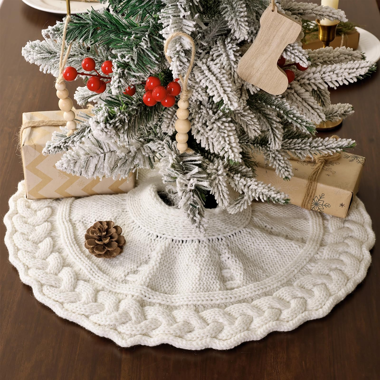 Photo 1 of 18 inch Christmas Tree Skirt: Mini Tree Skirt for Pencil Tree, Braided Cable Knit Cream White Tree Skirt for 3ft Tree, Vintage Tree Skirts, Rustic Farmhouse Christmas Decorations