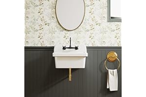 ELLAI Wall Mount Utility Sink Wall Mounted Laundry Tub Ceramic Farm Style High Back Farmhouse Sink White 24" x 19" x 16.5" with 8 Inch Center Faucet Matte Black