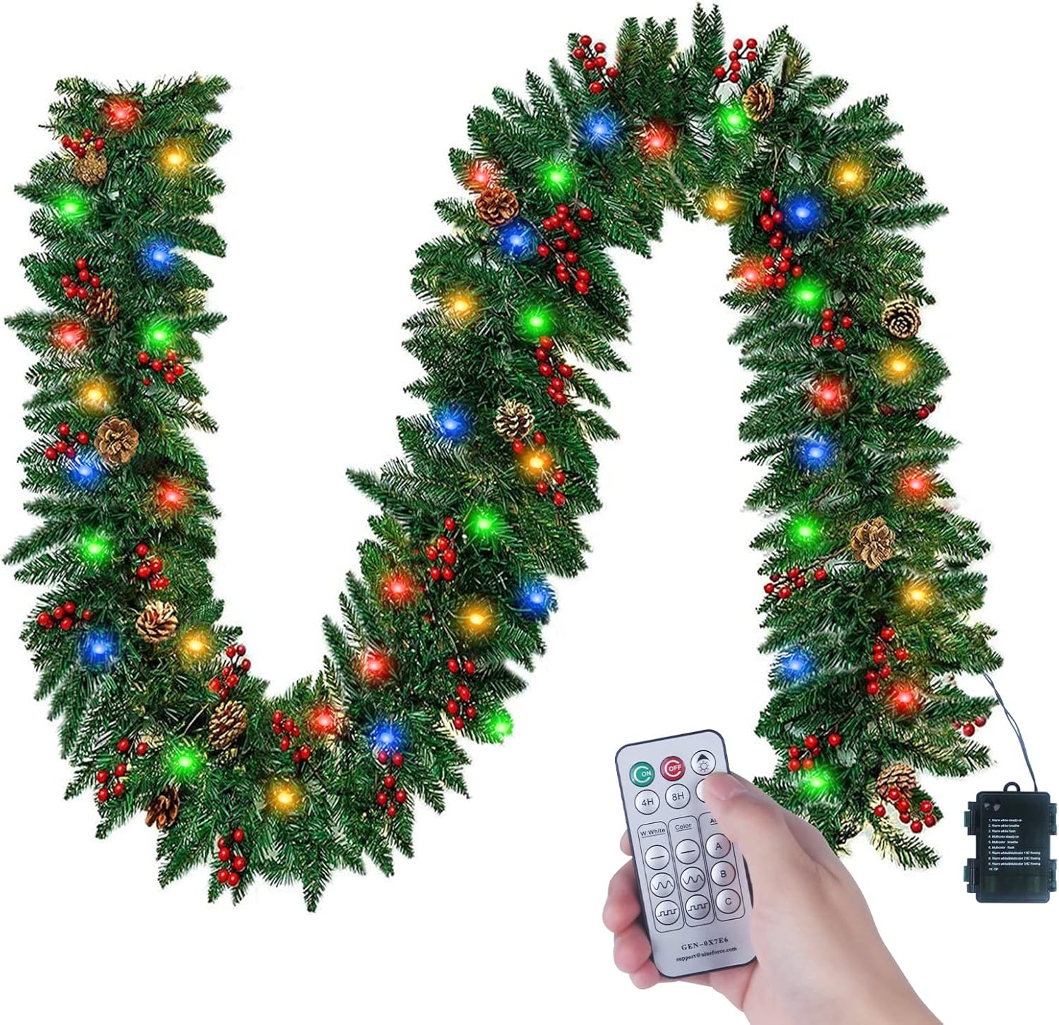 Wreaths, Garlands & Swags - Christmas Garland with Lights Battery Operated -Multicolored Lighted Pine Garland for Mantle Stairs Railing Mantle Indoor Outdoor Decorations- 10 FT Long