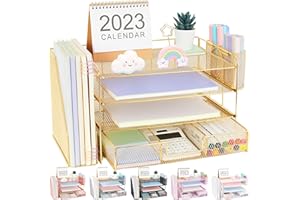 OPNICE Desk Organizers and Accessories, Desk Accessories & Workspace Organizers for Office Supplies, File Organizer Desk Drawer Organizer with 2 Pen Holders, 4 Tier Paper Organizer for Desk (Gold)