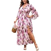 EYWOL Wedding Guest Dress Plus Size Ruffle Bell Sleeve V Neck A Line Flowy Empire Waist Maxi Dresses with Slit