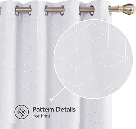 Deconovo Lot De 2 Rideaux Occultants Blanc Pâle Gris Isolant Thermique Rideaux A Oeillets Motif De Lossange Imprimés Argents Pour Enfant Rideaux