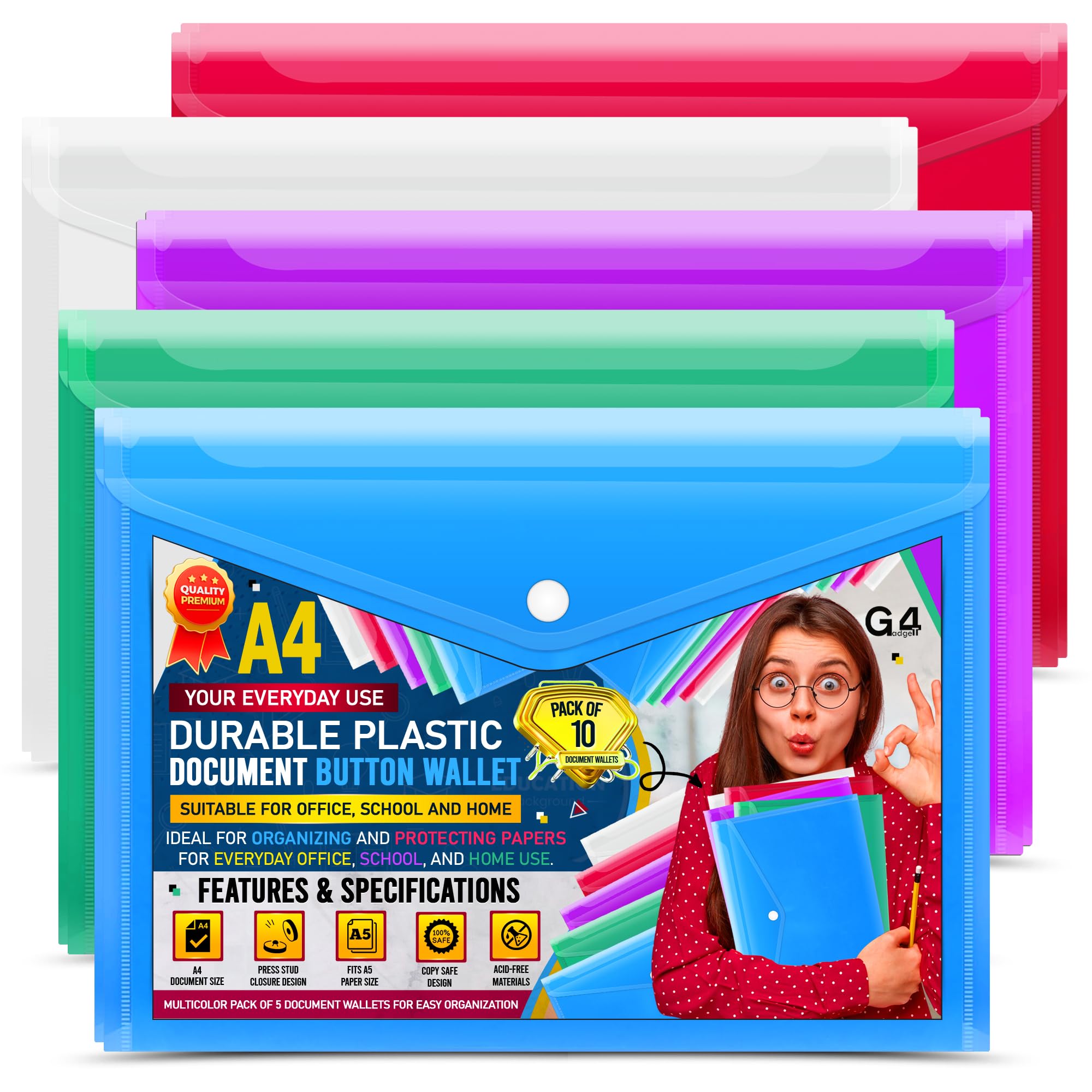 10 A4 / Foolscap Bright Transparent Popper Wallet/Paper Wallets - Assorted Colours