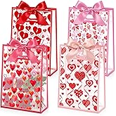 Capoda 24 Pack Valentine's Day Gift Bags Bulk with Handle & Ribbons - Reusable Plastic Heart Favor Bags for Classroom School Party Exchange, Waterproof Goody Treat Totes for Galentine's Wedding Gifts
