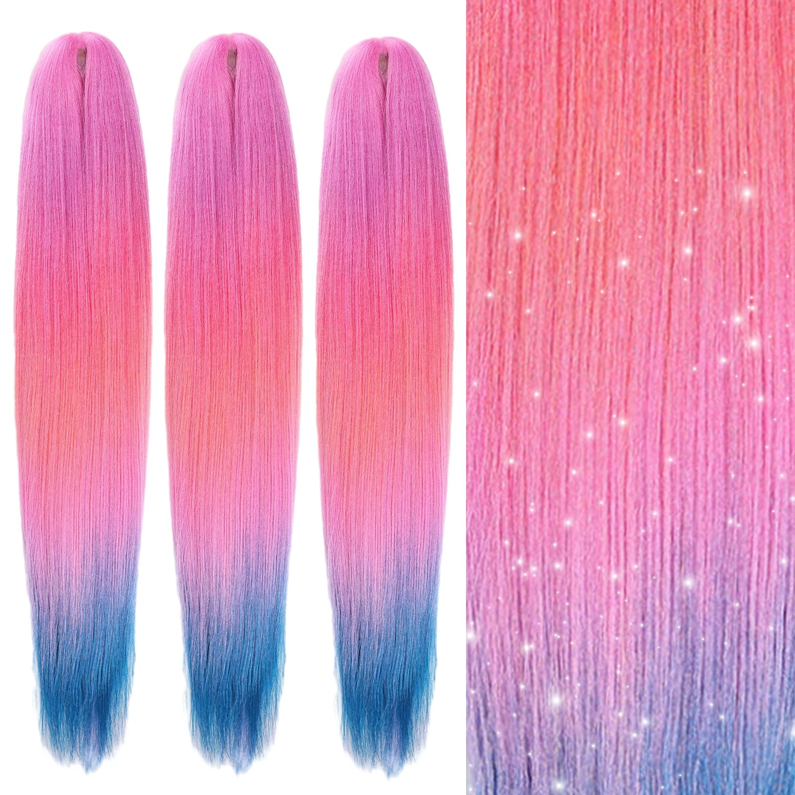 EMMOR Pre Stretched Braiding Hair 3 Packs Braid Crochet Hair 24 Inch Hot Water Setting Professional Soft Yaki Texture(Pink-Bule) — image 1