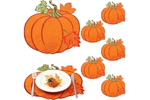 Yingzhao 6 Pcs Fall Pumpkin Placemats Autumn Thanksgiving Harvest Orange Table Placemats Embroidered 14'' Round Decorative Placemats for Holiday Party Kitchen Dinning Table Decorations