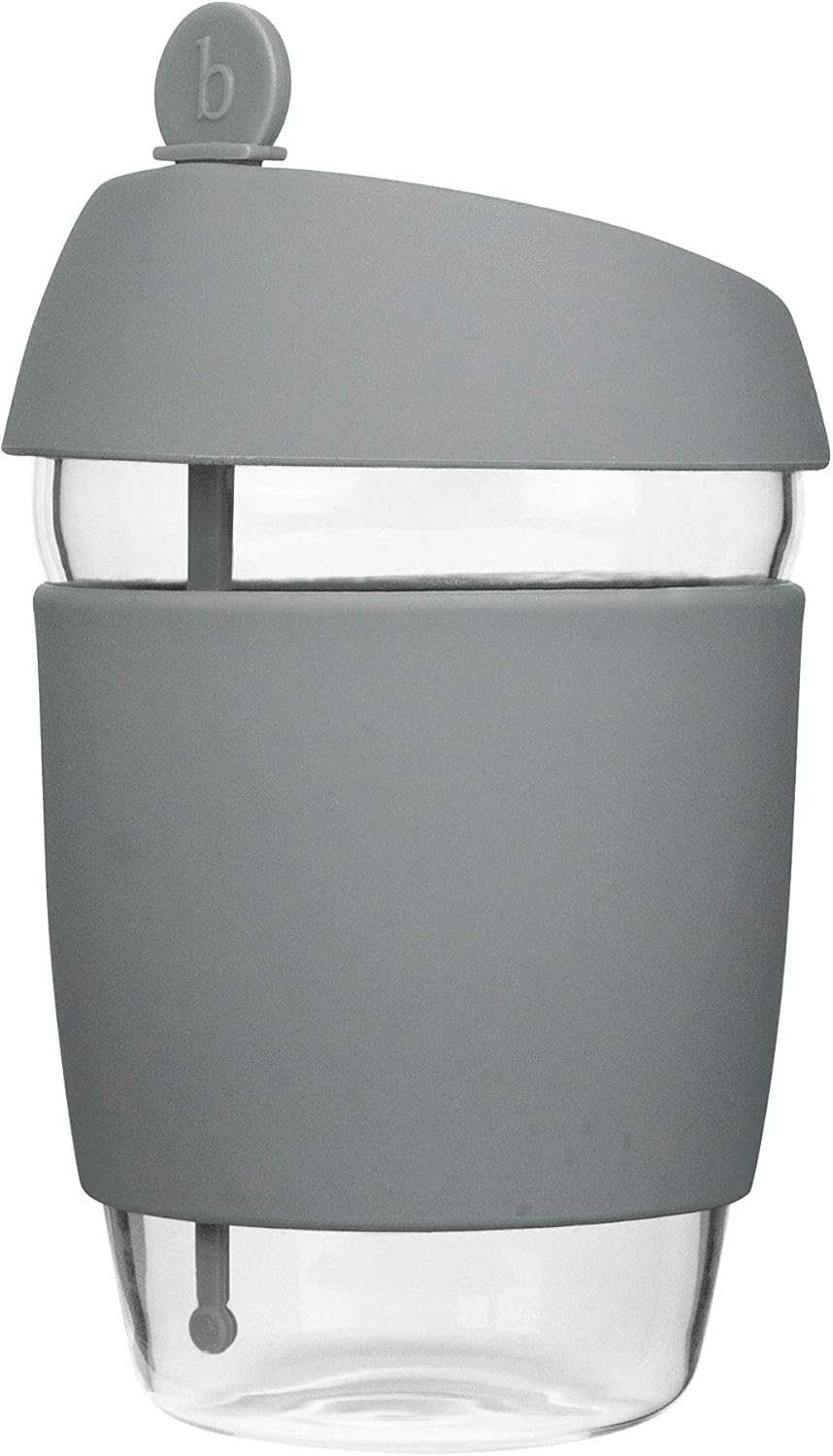 Glass Travel Cup with Stopper - Brimley Reusable Coffee Mug with Thermal Insulated Sleeve and Leak Proof Lid (12oz - Grey)