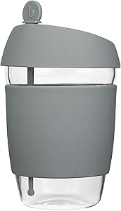 Glass Travel Cup with Stopper - Brimley Reusable Coffee Mug with Thermal Insulated Sleeve and Leak Proof Lid (12oz - Grey)