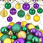 Lunmon 64 Pcs Mardi Gras Ornaments Glitter Purple Yellow Green Ball Ornament 1.6/1.97/2.4 Inch Assorted Size Plastic Carnival Bulbs Mardi Gras Decoration for Tree Home Indoor Party