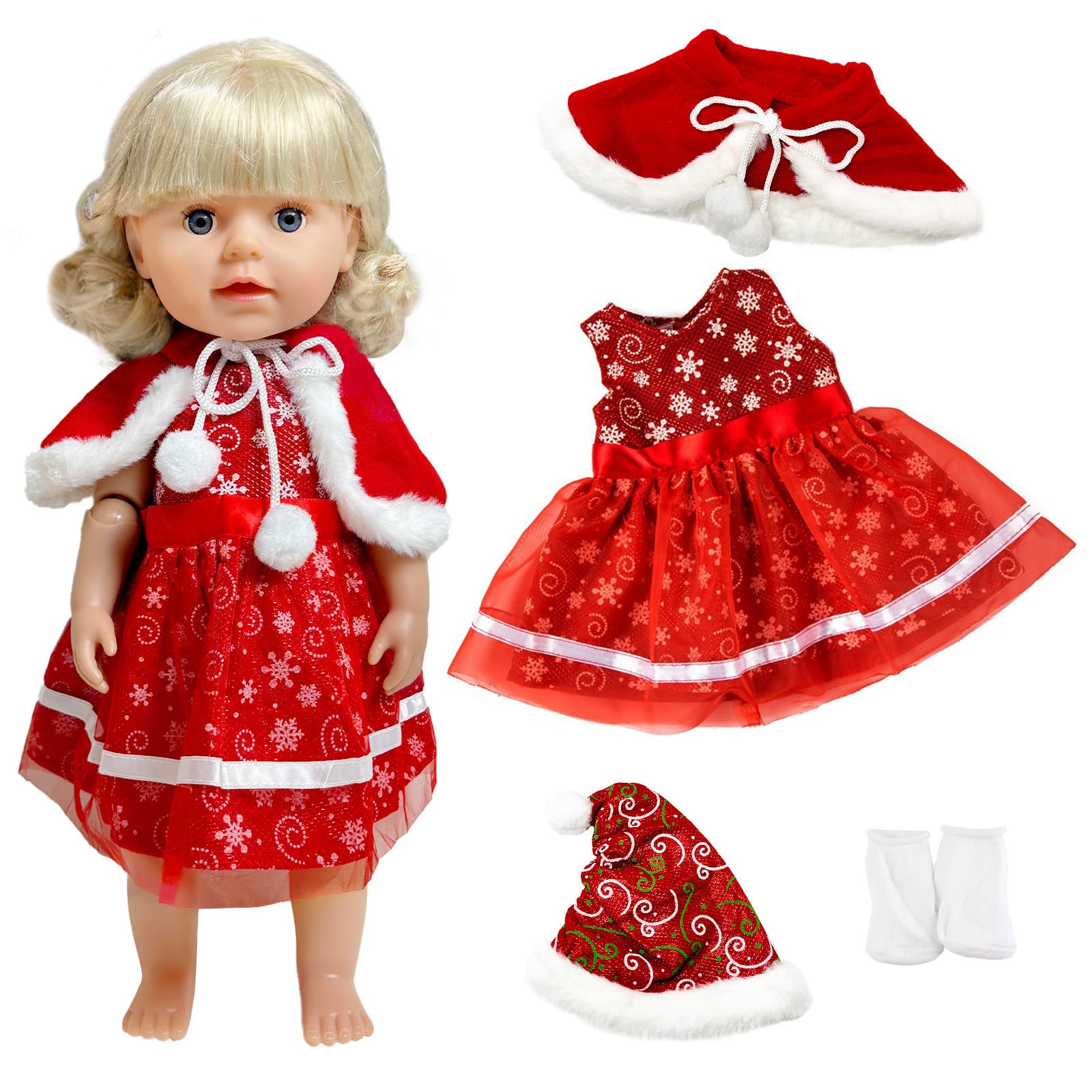 4 Pcs Baby Doll Clothes for 14-18 inch Baby Dolls 35-45cm New Christmas Baby Doll Clothes, Sweet Baby Doll Outfits Dress Cape Hat Socks, Christmas/Festival/Birthday Gifts for Girls/Boys