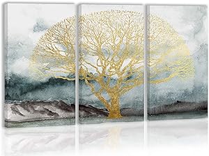 Blue Gold Wall Art Decor Modern Abstract Artwork Canvas Painting Prints Pictures Home Decor for Living Room Dining Room Bedroom