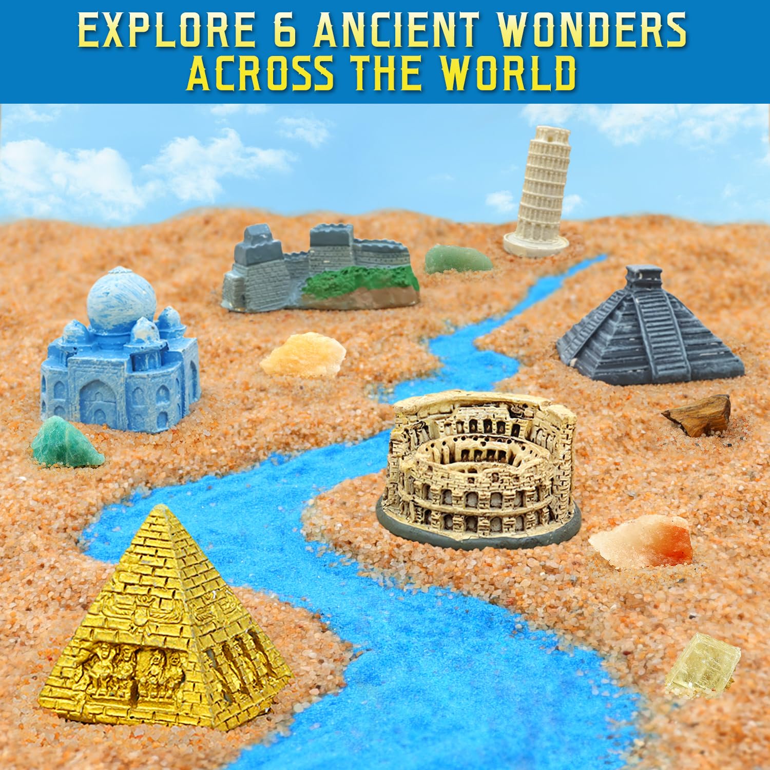 Ancient Wonders Dig Kit, Excavate 6 Treasure Landmarks Figurines & 6 Rocks, with History Learning Cards, Wonders of The World Toy Archaeology Set, STEM Party Favor Gifts for Boys & Girls Age 6+