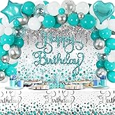 Happy Birthday Decorations - Teal & Silver Glitter Backdrop, Blue Balloons & Dot Tablecloth Kit