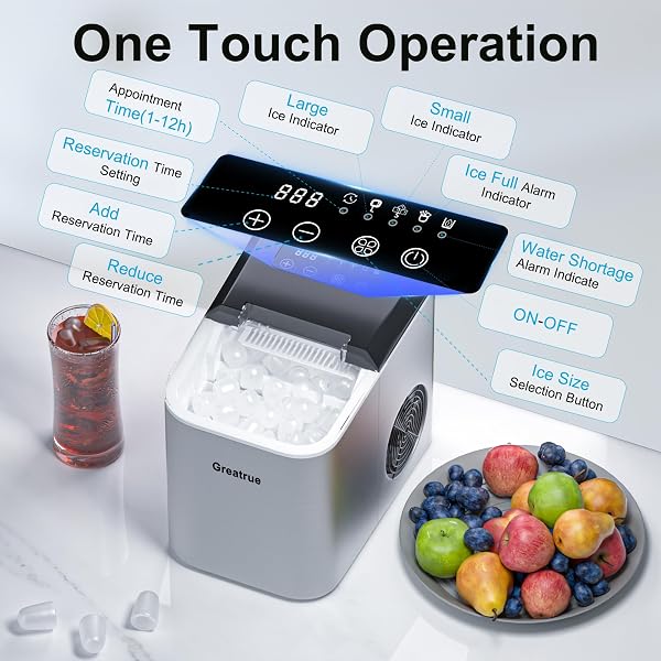 GREATRUE COUNTERTOP ICE MAKER, 9 ICE CUBES IN 6 MINS, 33 LBS/24 HRS, 2 ICE CUBE SIZES, SELF-CLEANING, QUIET OPERATION, COMPACT DESIGN FOR HOME/OFFICE/KITCHEN/CAMPING (STAINLESS STEEL)