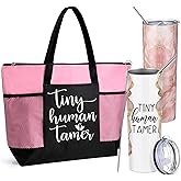 Jingmore 2 Pcs Tiny Human Tamer Gifts Daycare Teacher Appreciation Week Gift 20 oz Tumbler with Lid Tote Bag with Mesh Pockets Thank You Gift for Kindergarten Teacher Graduation Favors(Tamer,Pink)