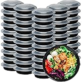 Klex 12 Oz, 50 Sets Meal Prep Containers with Airtight Lids, BPA Free, Reusable Plastic Food Container, 12 oz, Round, Black/Clear, 50 Sets