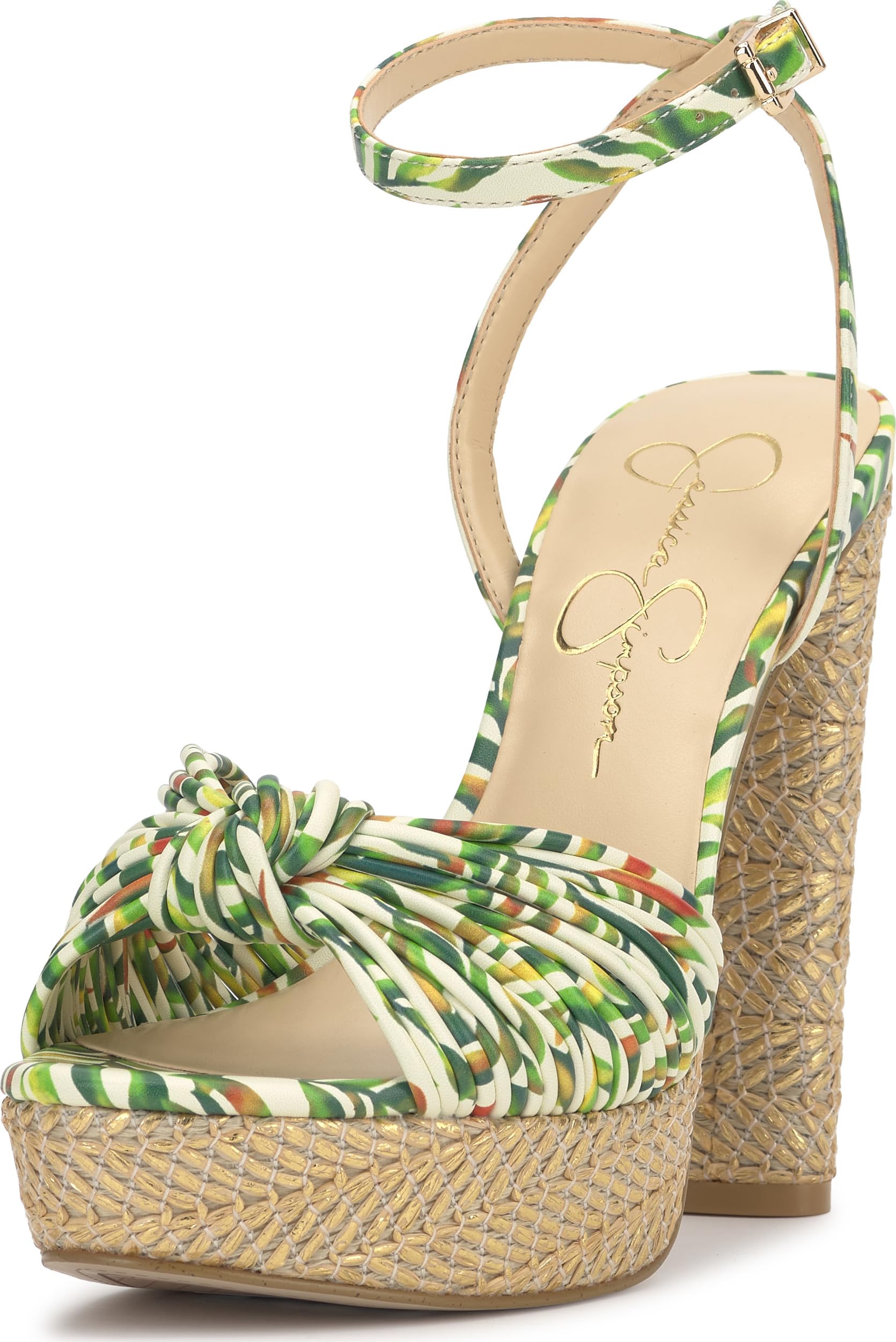 Jessica Simpson Womens Immie Platform Sandal with Ankle Strap, Green Multi Jungle Jacquard, 9 Image