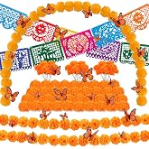 66pcs Day of The Dead Decorations Set,Include 1 Artificial Marigold Garland,30 Marigold Flowers with Stem,10 Mexican Banners Papel Picado,24 Butterfly for Dia De Los Muertos Indian Diwali Altar Decor