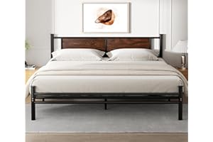 HAOARA King Size Bed Frame with Rustic Wood Headboard, Metal Heavy Duty Platform Frame, Sturdy Steel Slat Support, No Box Spring Needed, Black