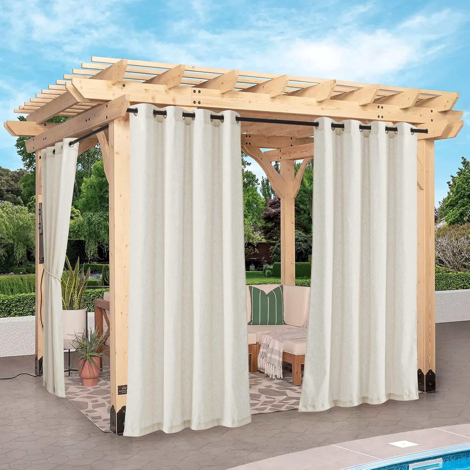 Outdoor Curtains - NICETOWN 2 Panels Linen Outdoor Curtains for Patio Waterproof, Grommet Thick Flax Semi Sheer Indoor Outdoor Drapes Privacy Assured with Light Filtering for Pergola/Gazebo, W55 x L84
