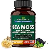 SANDHUHERBALS Sea Moss Capsules with Black Seed Oil Ashwagandha Ginger Burdock Root | Advanced Seamoss 60 Count | All Men Women Age