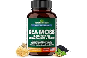 SANDHUHERBALS Sea Moss Capsules with Black Seed Oil Ashwagandha Ginger Burdock Root | Advanced Seamoss 60 Count | All Men Women Age