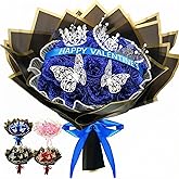 Thiccywoov 24 Pcs Valentines Glitter Roses Bouquet Gifts Artificial Rose DIY Flower Bouquet Kit Birthday Gifts Flower Wrapping Paper 3D Butterflies Crowns for Anniversary (Royal Blue)